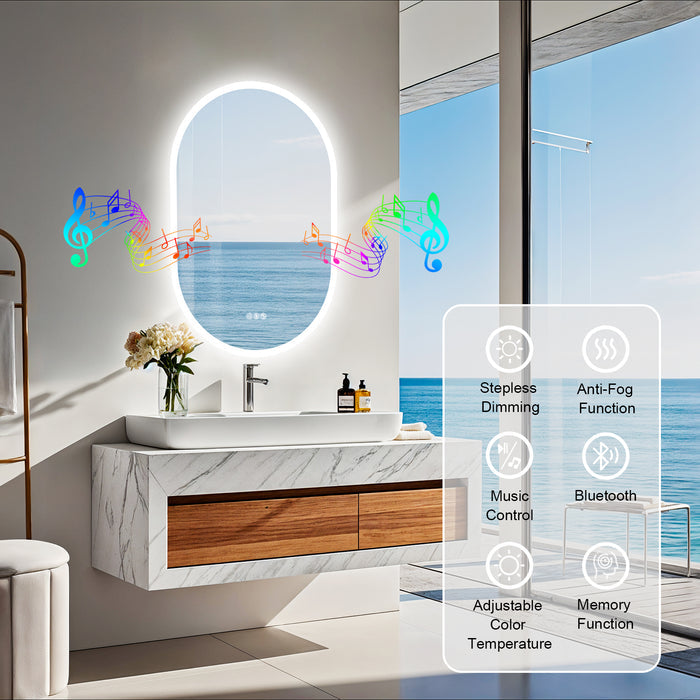 LUVODI Long Oval LED Bathroom Mirror with Bluetooth Speaker, No Display 60x90cm