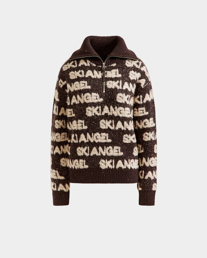 The LYDIA - 8525687 Espresso sweater by Rudsak is a brown women’s knit pullover with a zip-up collar, featuring “SKI ANGEL” in white across the front, sleeves, and collar—ideal for cozy après-ski style.