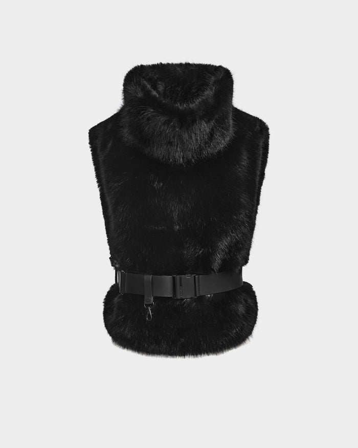 The Rudsak MAULIN - 8524611 Black is a black faux fur vest with a high collar and wide vegan leather belt at the waist, shown against a plain white background.