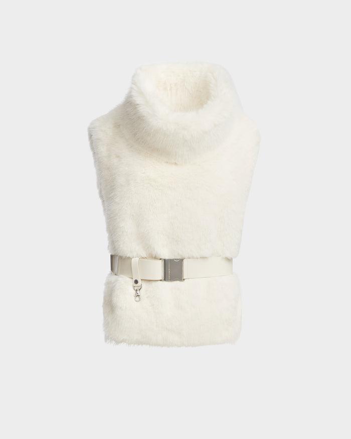Rudsak’s MAULIN - 8524611 Iceland is a sleeveless white faux fur vest with a high turtleneck collar and a wide vegan leather belt with a silver buckle and clasp, shown on a plain light background.