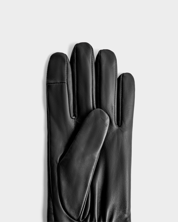 The MEGAN - 8425541 Black leather gloves by Rudsak, a chic women’s accessory, are displayed side by side, palm up, on a plain light gray background.