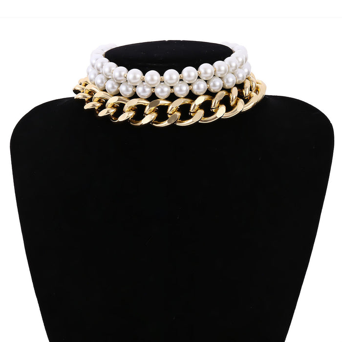 N2615 - Layered Pearl Thick Gold Collar Necklace