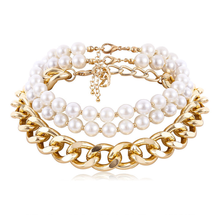 N2615 - Layered Pearl Thick Gold Collar Necklace