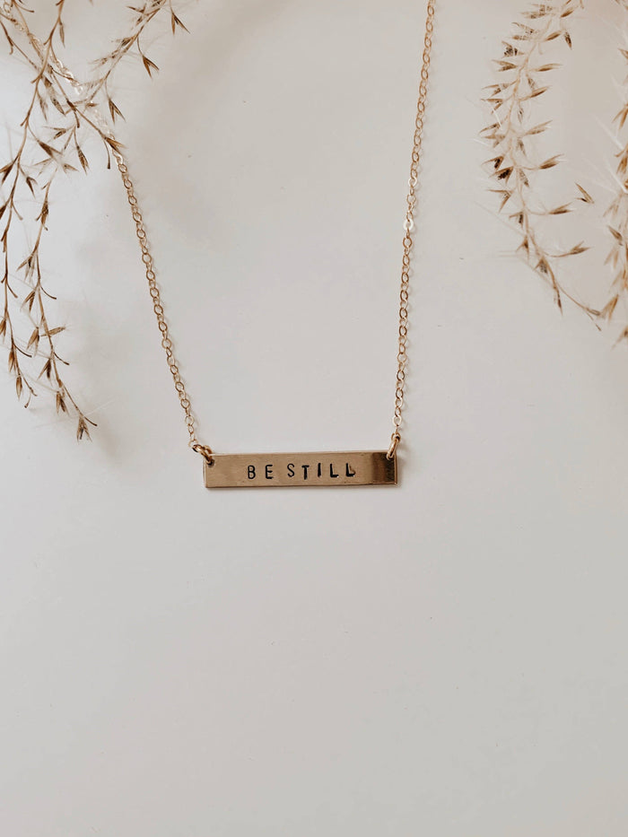 Océanne - 'Be Still' Stamped Bar Necklace: Gold-filled / Arial (default) / Horizontal