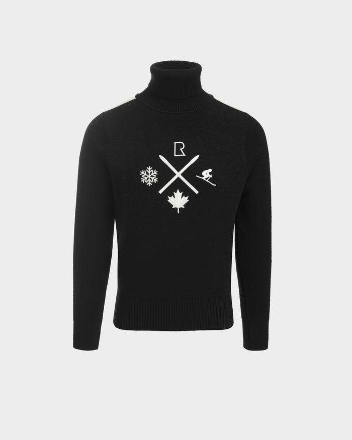 The Rudsak OLIVIER - 6524545 Black men’s ski turtleneck sweater features white graphics—crossed ski poles, snowflake, maple leaf, skier, and an R—ideal for winter or après-ski style, shown on a plain white background.