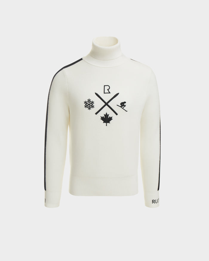 The OLIVIER - 6524545 Optic White by Rudsak is a mens white ski turtleneck with black crossed skis, snowflake, and maple leaf graphics, black sleeve stripes, and RUX on the left cuff—ideal for any winter outfit.