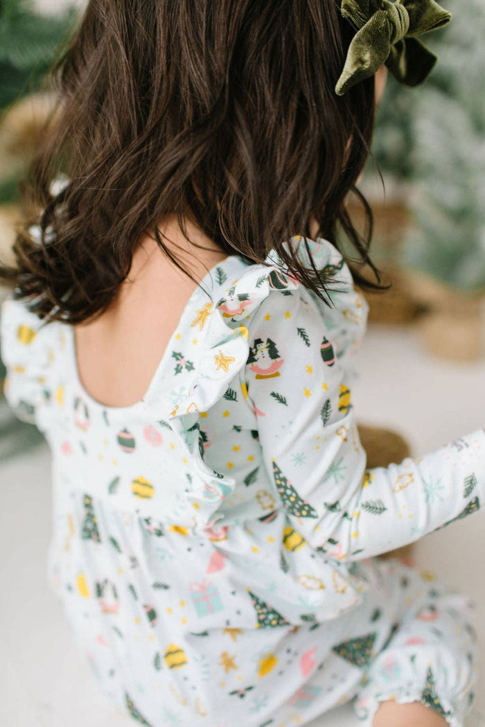 Ollie Jay - Mabel Romper in Festive Scenes | baby christmas clothing: 3/6m