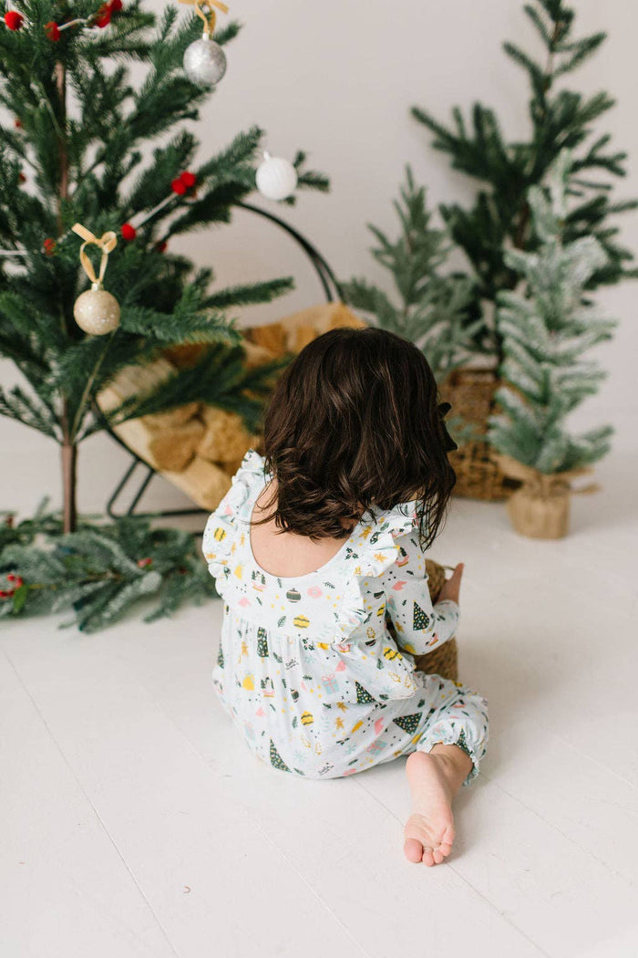 Ollie Jay - Mabel Romper in Festive Scenes | baby christmas clothing: 3/6m