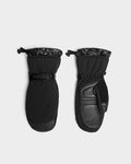 A pair of Rudsak OLTEN - 9425565 Black ski mittens with adjustable wrist straps, 3M Thinsulate insulation, textured back, smooth leather-like palm, and shiny elastic cuffs is displayed on a plain white background.