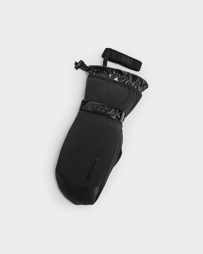 The OLTEN - 9425565 Black by Rudsak is a single black ski mitten featuring a shiny drawstring cuff, 3M Thinsulate insulation, and Rudsak branding on the strap, shown against a plain white background.