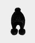 The Rudsak PIA - 8425547 Black is a stylish women’s faux fur hat with ear flaps and three fluffy pom-poms—one on top and one at each end—shown against a plain light gray background.