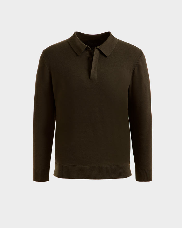 The RICHARD - 6524529 Olive men’s knit polo sweater by Rudsak, featuring long sleeves, a classic collar, and a short button placket, is displayed on a plain white background.