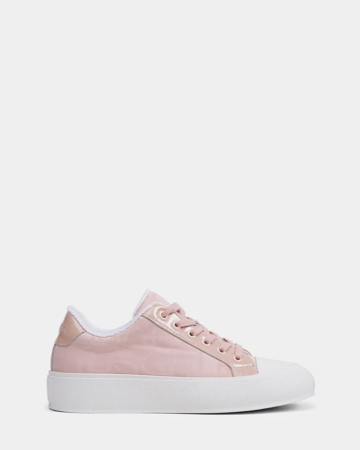 The RIMA - 8225001 Blush Pattern by Rudsak is a light pink women’s platform sneaker in vegan leather with white laces, a white inner lining, and a thick white rubber sole, shown on a plain white background.
