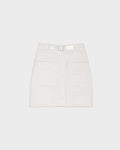 The Rudsak SABINE - 8524063 Eggshell is a white quilted short skirt with front buttons, large front pockets, and a matching belt with metallic buckle—an elegant women’s statement piece shown on a plain light background.