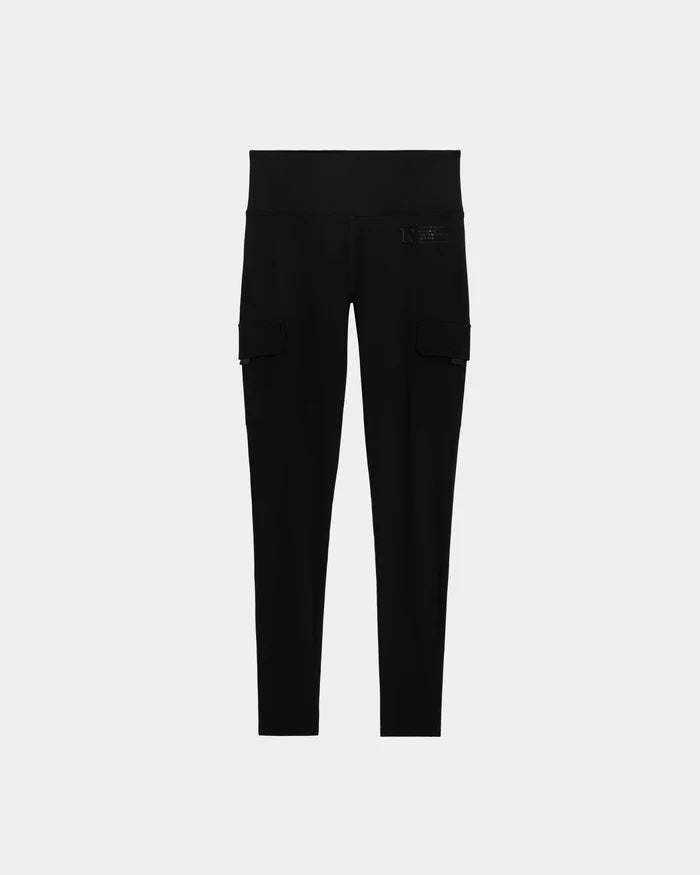 The SIEN - 8525090 Black high-waisted cargo pants by Rudsak feature side flap pockets and a slim, tapered activewear-inspired fit. Displayed on a light gray background, they have a clean design with no visible embellishments or fastenings.