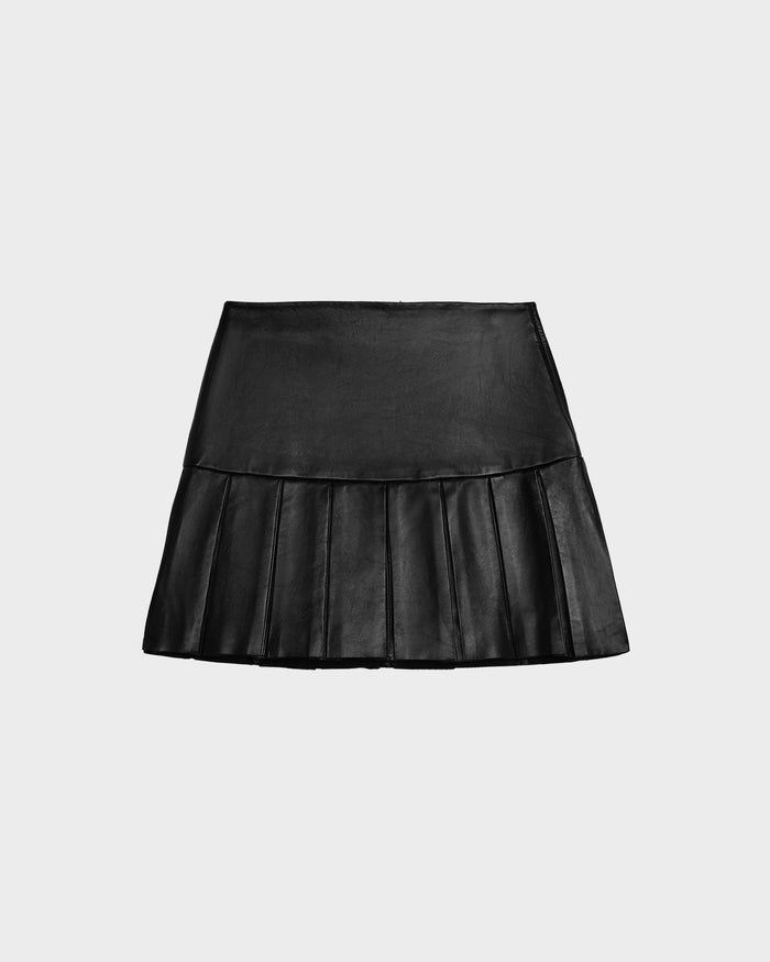 The Rudsak SOLANGE - 8524543 Black mini skirt features a fitted waist and pleated hem, offering a chic faux leather look. Displayed on a plain light gray background.