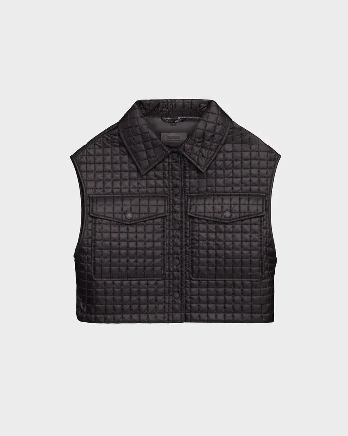 The Rudsak SOLSA - 8124048 Black is a women's cropped quilted vest with eco-friendly Sorona fill, a collar, button-up front, and two chest pockets, shown on a plain white background.