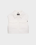 The SOLSA - 8124048 Eggshell by Rudsak is a women’s sleeveless white cropped quilted vest with a collar and two front flap pockets, filled with eco-friendly Sorona fill, shown against a plain light background.