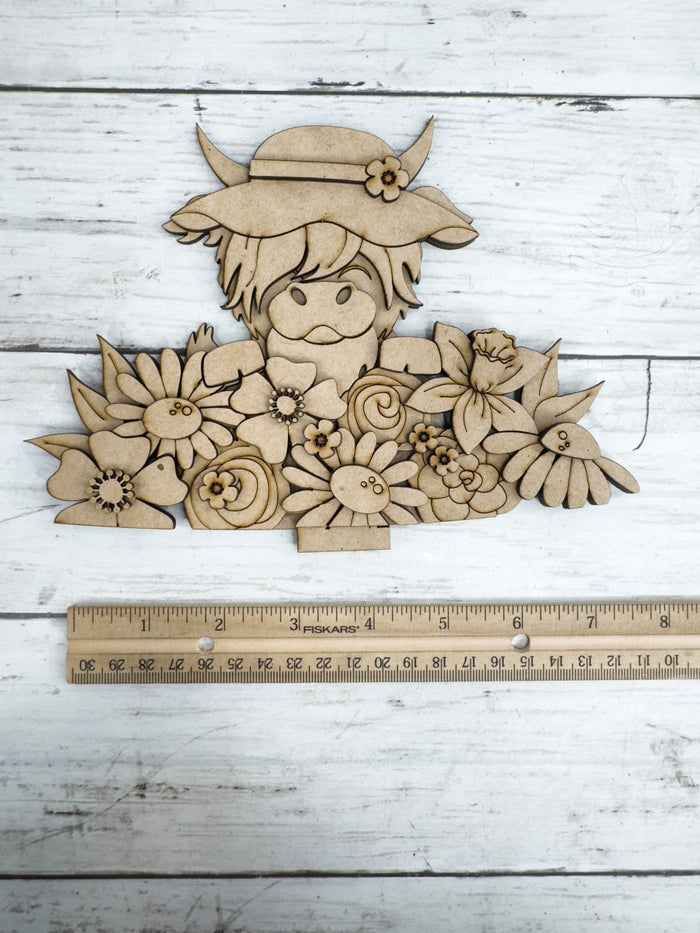 Spring Highland Cow Hat and Flowers Slot Insert for Interchangeable bases DIY Kit