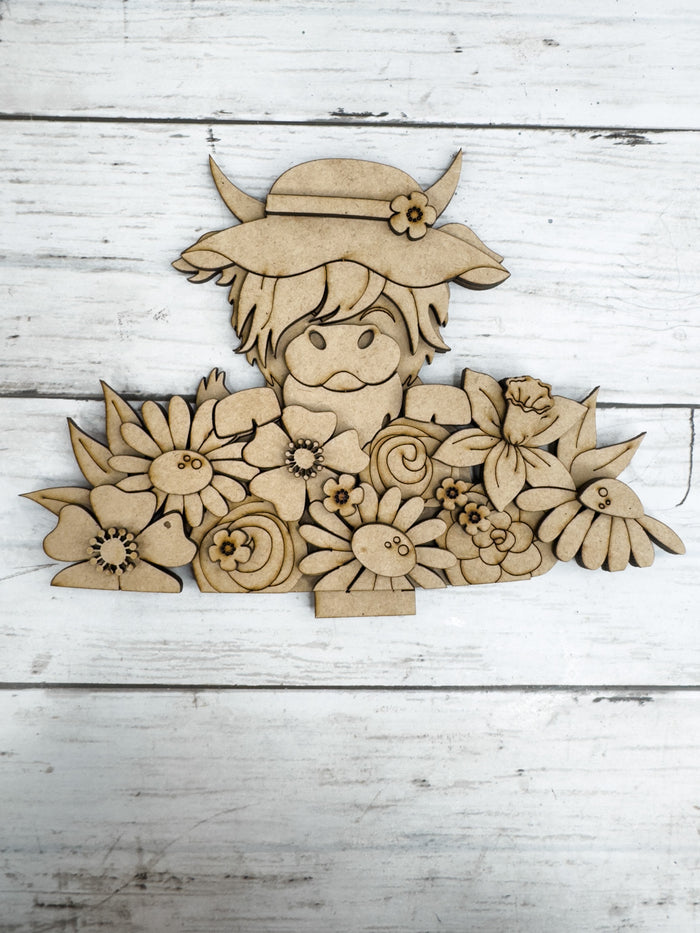 Spring Highland Cow Hat and Flowers Slot Insert for Interchangeable bases DIY Kit