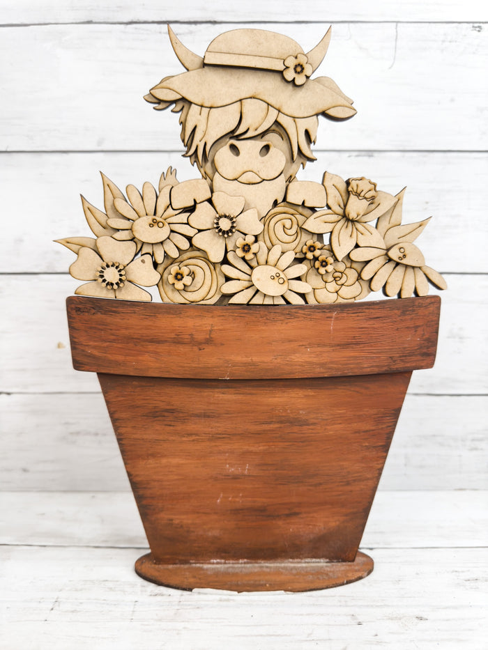 Spring Highland Cow Hat and Flowers Slot Insert for Interchangeable bases DIY Kit