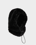 The Rudsak TARA - 8425025 Black women’s balaclava features soft black faux fur, a rounded design, and an adjustable drawstring front opening, showcased against a plain light gray background.