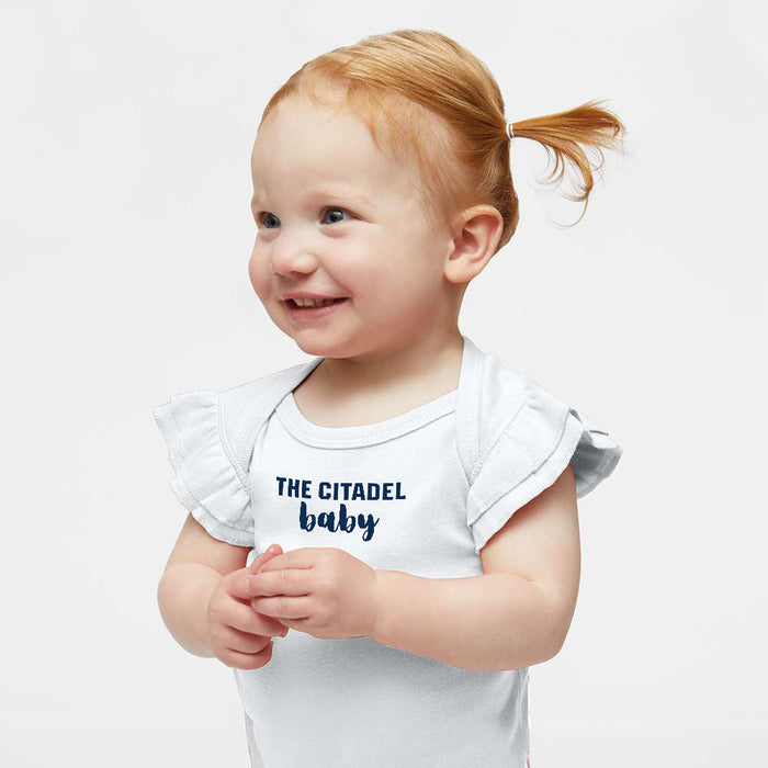 The Citadel, Citadel Baby , Infant Flutter Sleeve Baby Rib Bodysuit - White