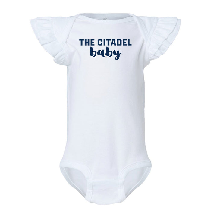 The Citadel, Citadel Baby , Infant Flutter Sleeve Baby Rib Bodysuit - White