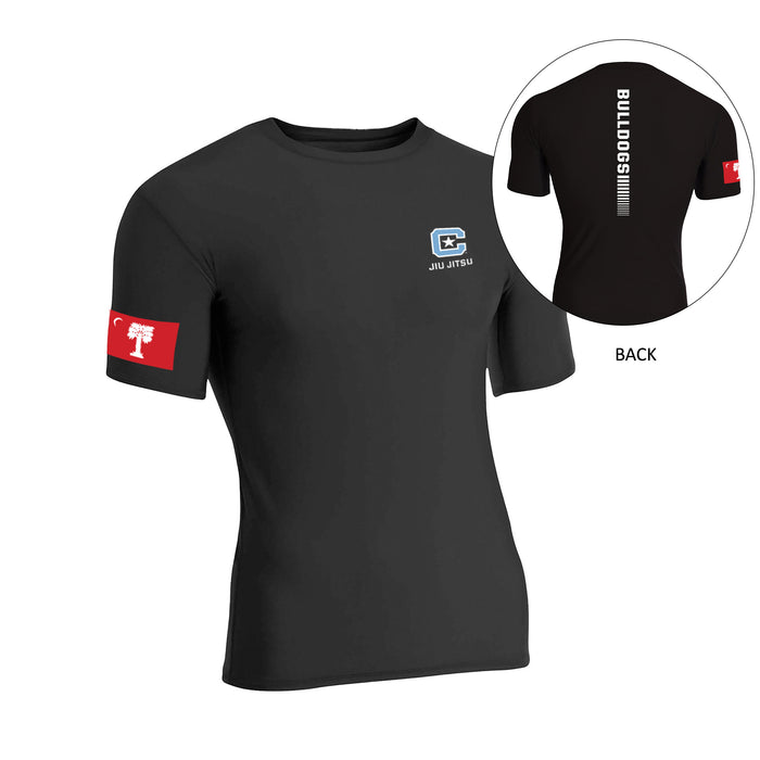 A black short sleeve compression t-shirt with a 'C' logo on the chest and a TM logo on the back neck area, designed for Jiu Jitsu athletes.
