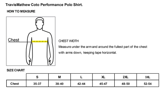 The Citadel, Citadel Club, Summerville, TravisMathew Coto Performance Polo - Size Chart