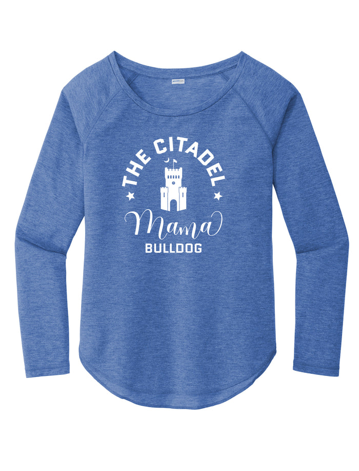 Mama Bulldog Barracks Ladies Long Sleeve Tri-Blend Wicking Scoop Neck Raglan Tee- True Royal Heather