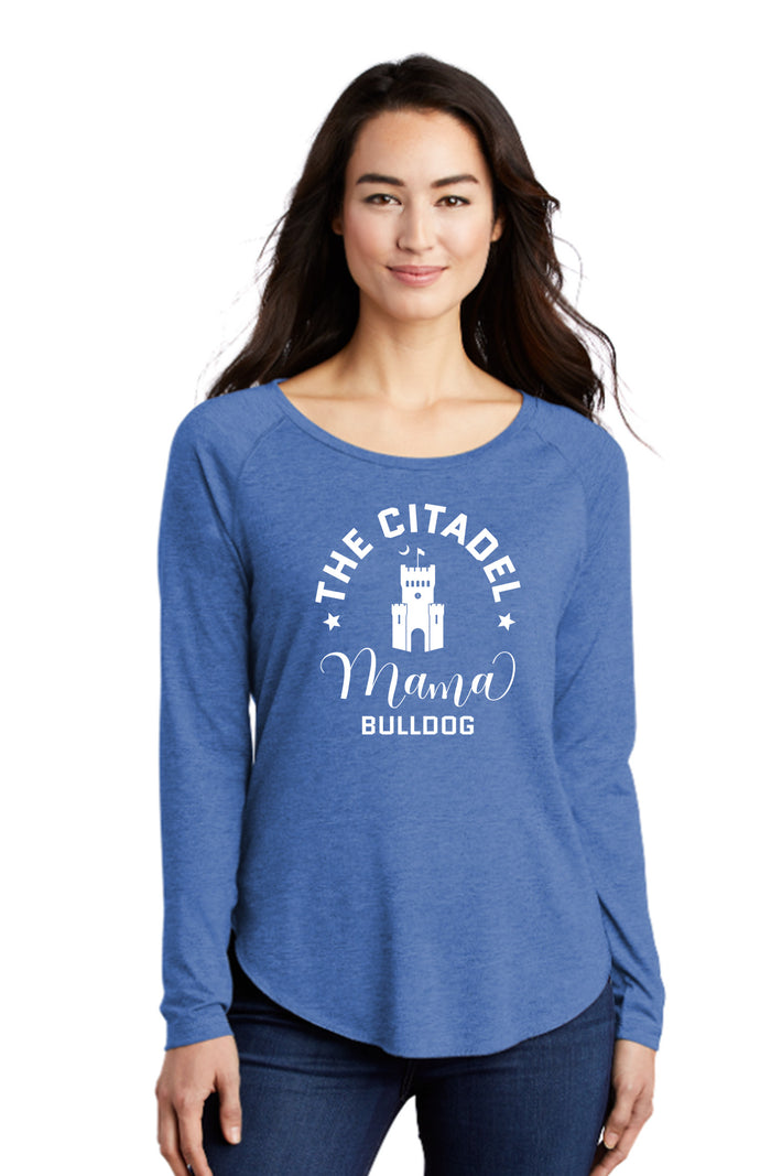 Mama Bulldog Barracks Ladies Long Sleeve Tri-Blend Wicking Scoop Neck Raglan Tee- True Royal Heather