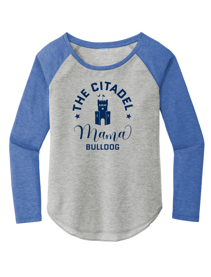 Mama Bulldog Barracks Ladies Long Sleeve Tri-Blend Wicking Scoop Neck Raglan Tee- Light Grey Heather /True Royal Heather
