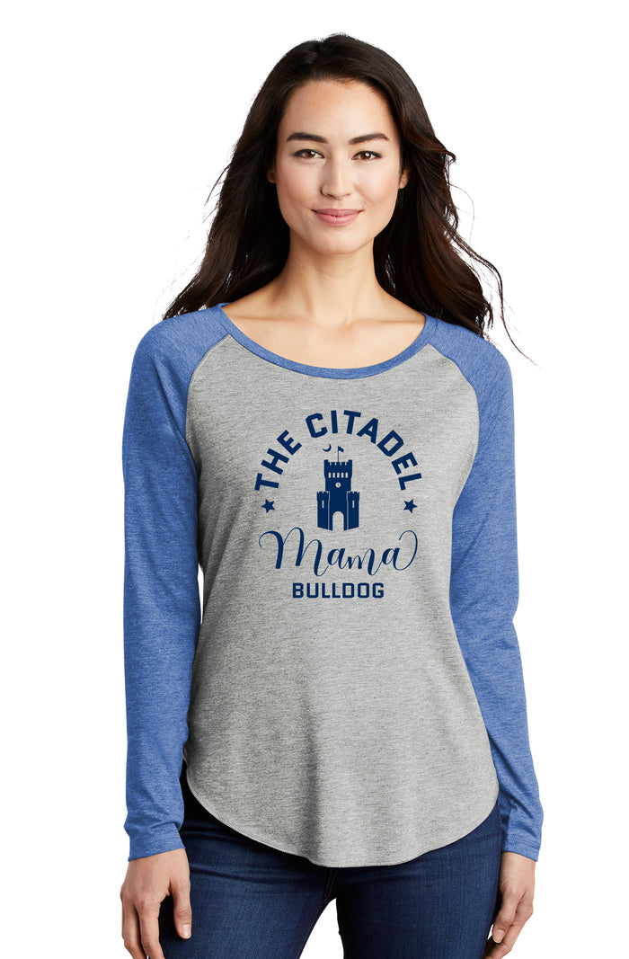Mama Bulldog Barracks Ladies Long Sleeve Tri-Blend Wicking Scoop Neck Raglan Tee- Light Grey Heather /True Royal Heather