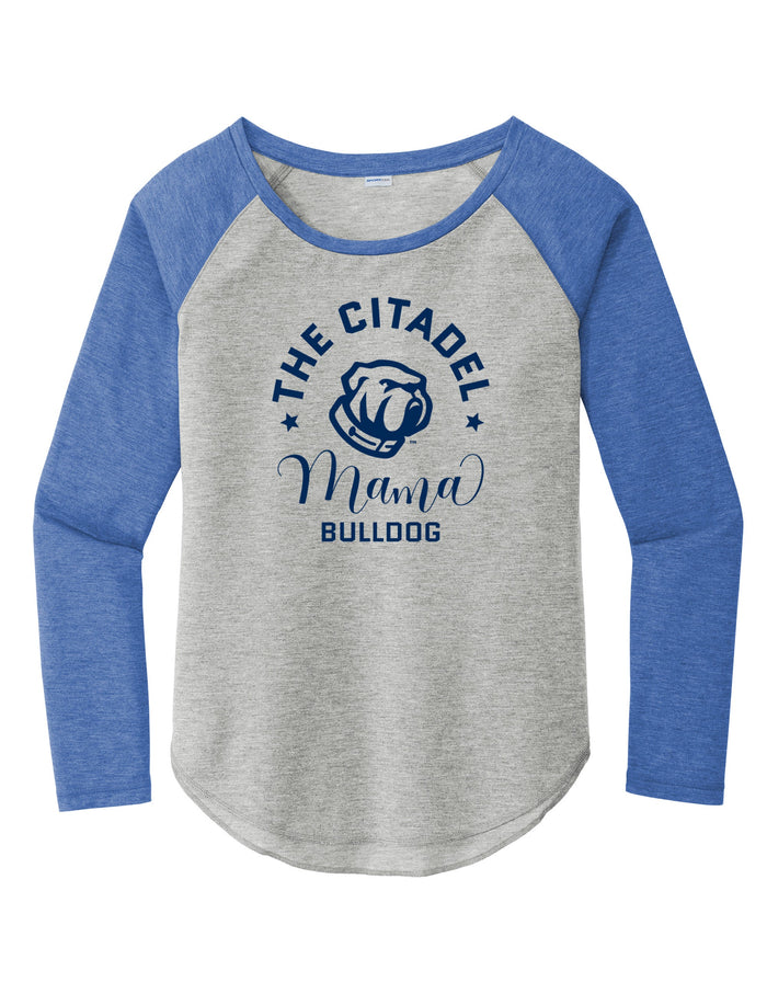Mama Bulldog Spork Ladies Long Sleeve Tri-Blend Wicking Scoop Neck Raglan Tee-True Royal Heather