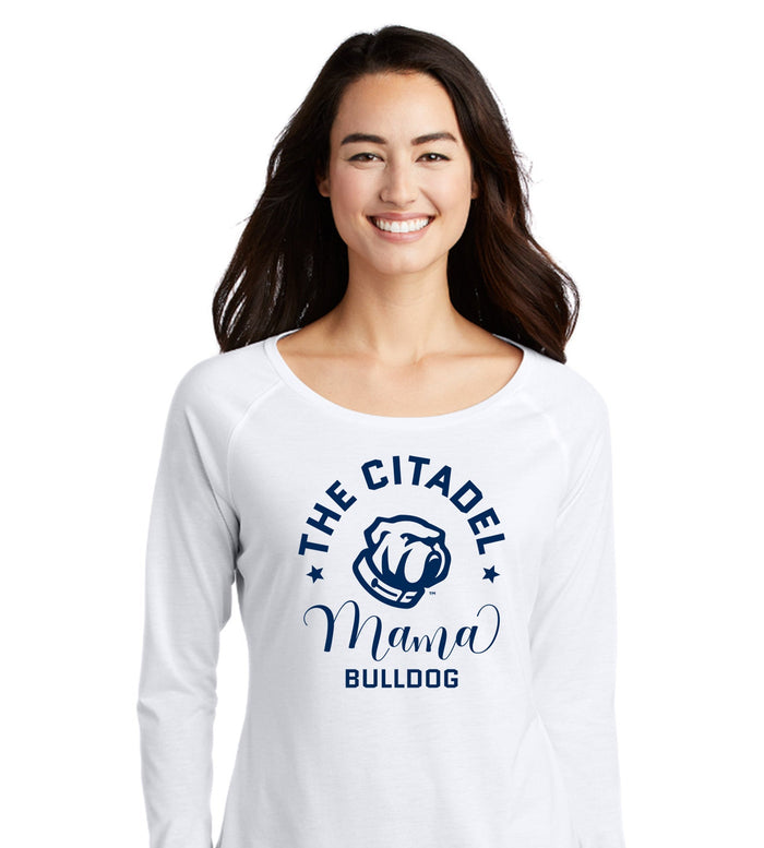 Mama Bulldog Spork Ladies Long Sleeve Tri-Blend Wicking Scoop Neck Raglan Tee-White