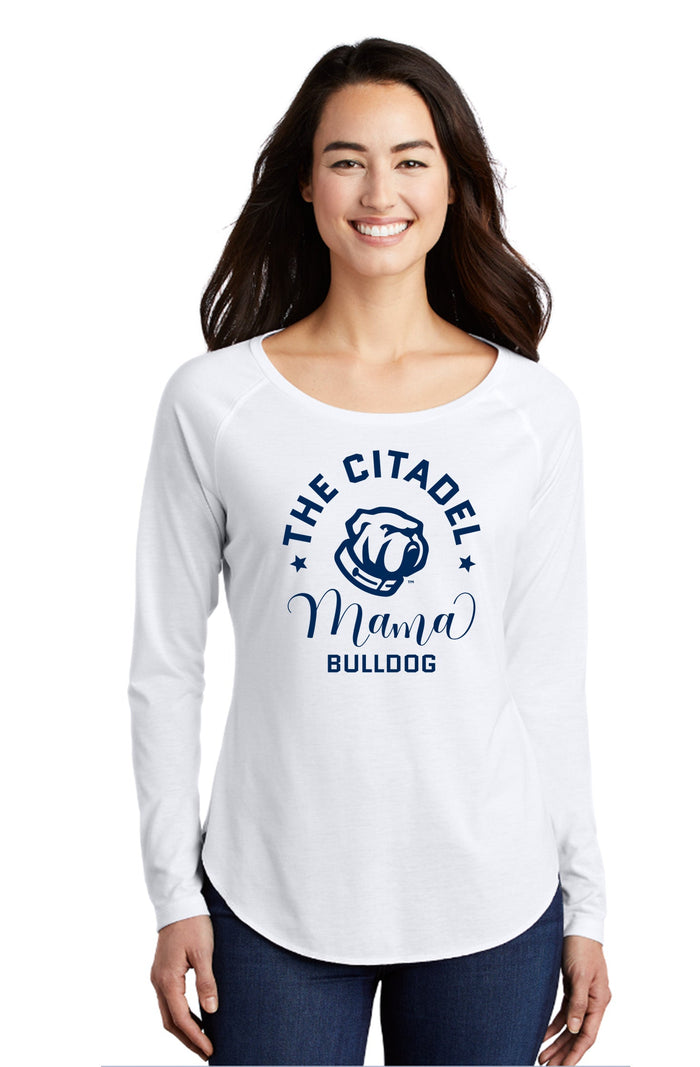Mama Bulldog Spork Ladies Long Sleeve Tri-Blend Wicking Scoop Neck Raglan Tee-White