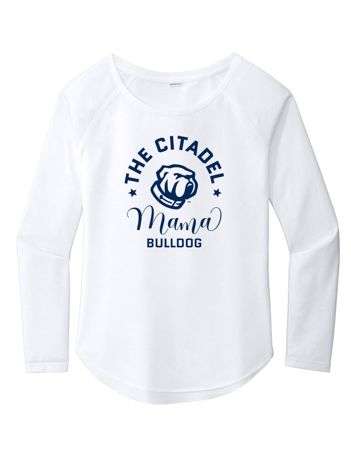 Mama Bulldog Spork Ladies Long Sleeve Tri-Blend Wicking Scoop Neck Raglan Tee-White