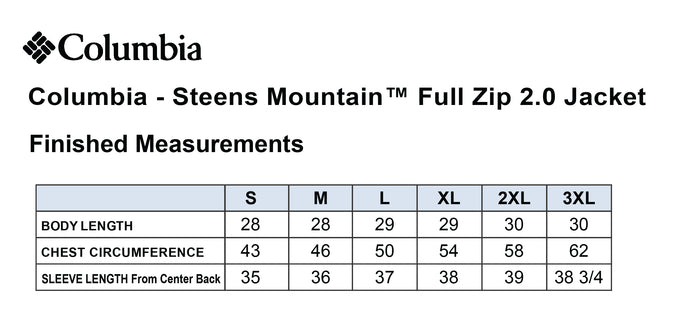 The Citadel, Sport - Tennis, Columbia - Steens Mountain™ Full Zip 2.0 Jacket- Size chart