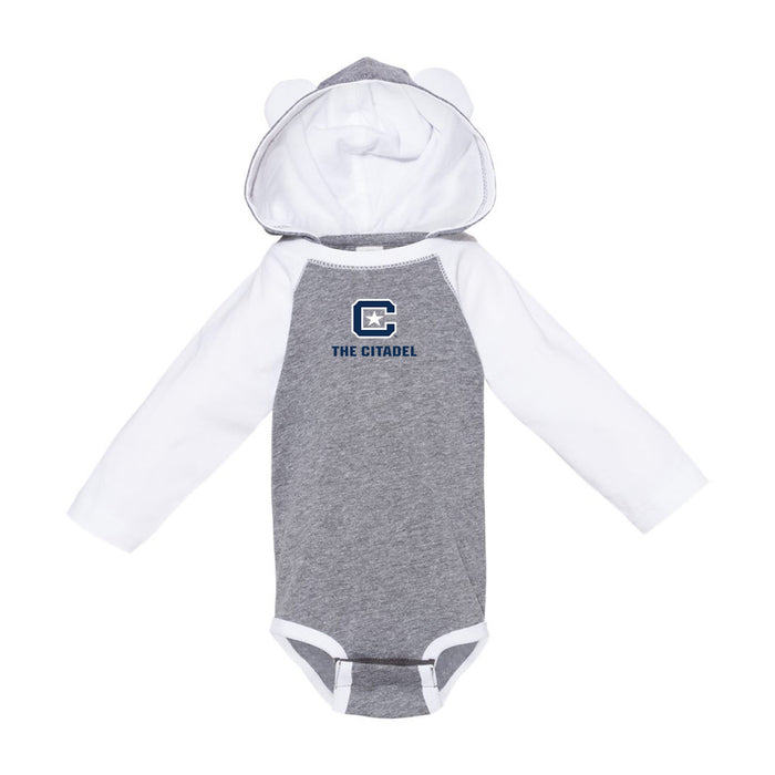 The Citadel, The Citadel C, Infant Fine Jersey Character Hooded Long Sleeve Bodysuit with Ears - Gray/White