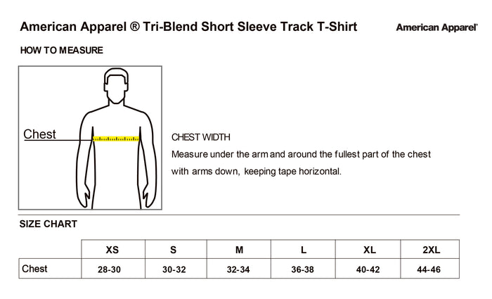 The Citadel, USA Flag, American Apparel® Fine Jersey Unisex T-Shirt Size Chart