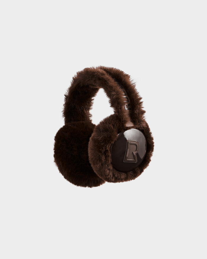 The VALENCIA - 8425543 Espresso earmuffs by Rudsak feature brown fuzzy ear covers, a padded fur-covered band, and a raised R logo on a dark glossy surface. This stylish winter accessory is set against a plain white background.