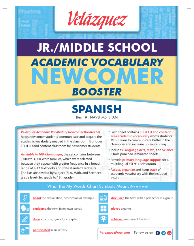 Velázquez Jr. /Middle School Academic Vocabulary Newcomer Booster Set - Spanish