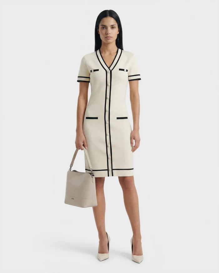 A woman faces forward against a plain white background, wearing the Rudsak VINNIE - 8526038 Vanilla knit midi dress with black trim, paired with cream heels and a matching cream handbag. The dress has short sleeves and falls to her knees.