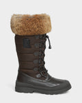 The Rudsak WINDY - L224507 Espresso is a tall, dark brown womens winter boot with black laces, a rubber sole, faux fur trim, quilted stitching, and a black patch with an R for stylish cold-weather comfort.