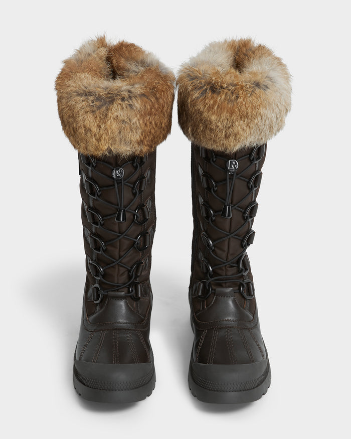 The Rudsak WINDY - L224507 Espresso womens winter boots feature tall, dark brown uppers, faux fur trim, lace-up fronts, rugged soles, and quilted stitching—perfect for cold weather—displayed side by side on a white background.