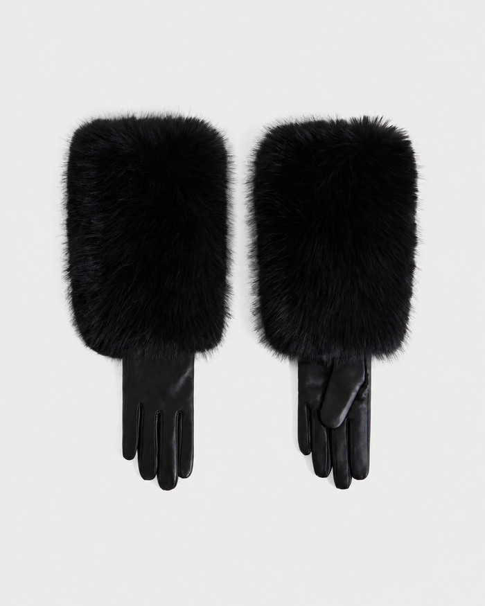 A pair of Rudsak ZAYLA - 8426712 Black gloves with leather fingers and furry, fluffy cuffs, displayed on a plain white background.