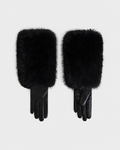 A pair of Rudsak ZAYLA - 8426712 Black gloves with leather fingers and furry, fluffy cuffs, displayed on a plain white background.
