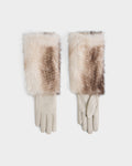 A pair of Rudsak ZAYLA - 8426712 Vanilla light beige leather gloves featuring long, soft faux fur cuffs in cream and brown tones, laid flat on a white background.