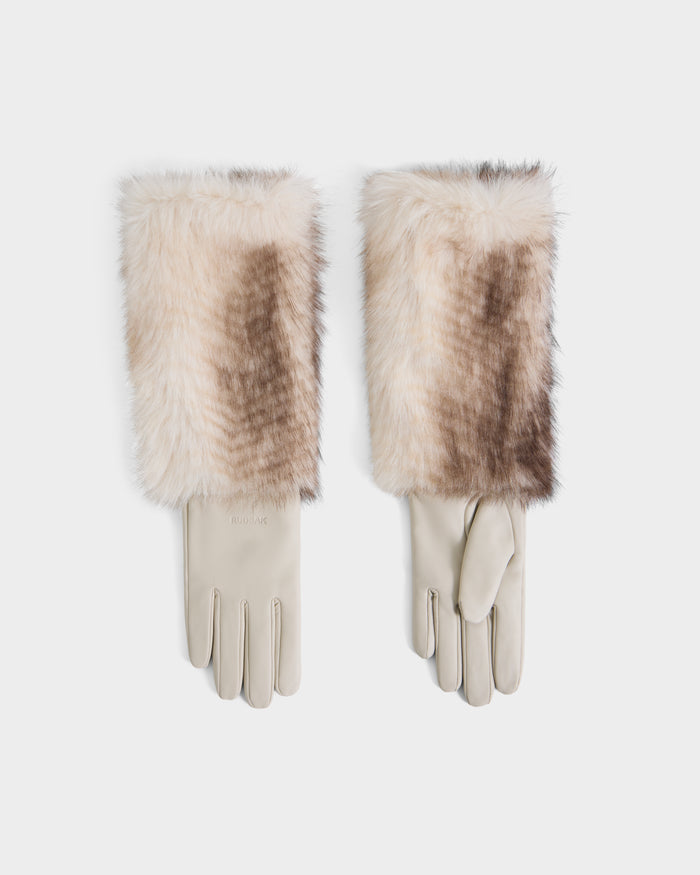A pair of Rudsak ZAYLA - 8426712 Vanilla light beige leather gloves featuring long, soft faux fur cuffs in cream and brown tones, laid flat on a white background.